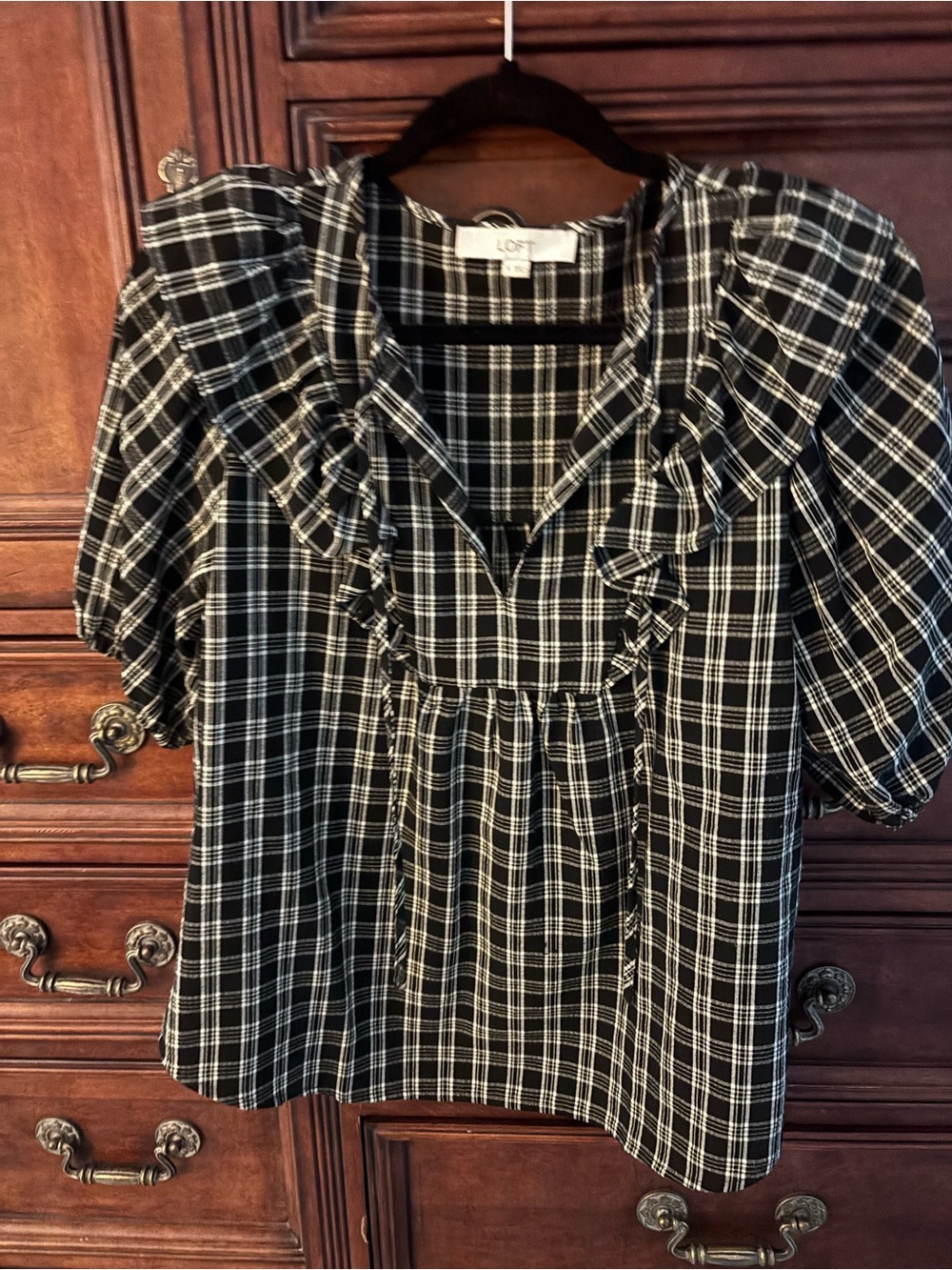 LOFT Black & White Plaid Ruffle-Yoke Short Sleeve Top